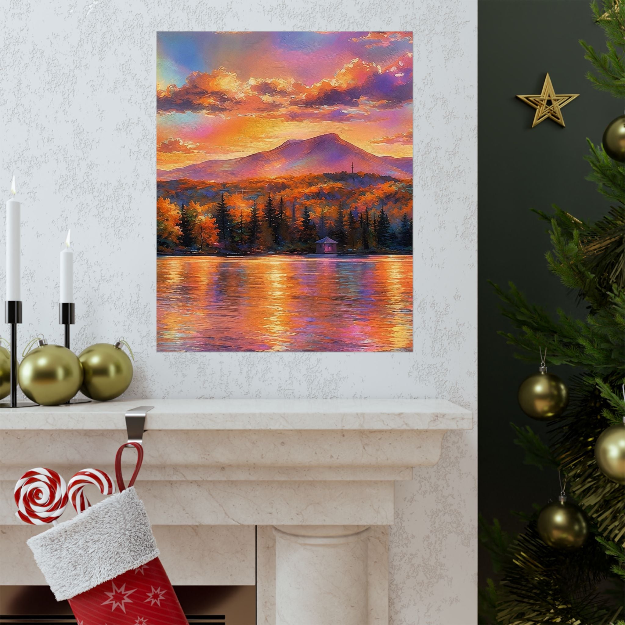 Vermont Camel's Humo Mountain Scenic Sunset Lake Poster — Matte Vertical Landscape Print