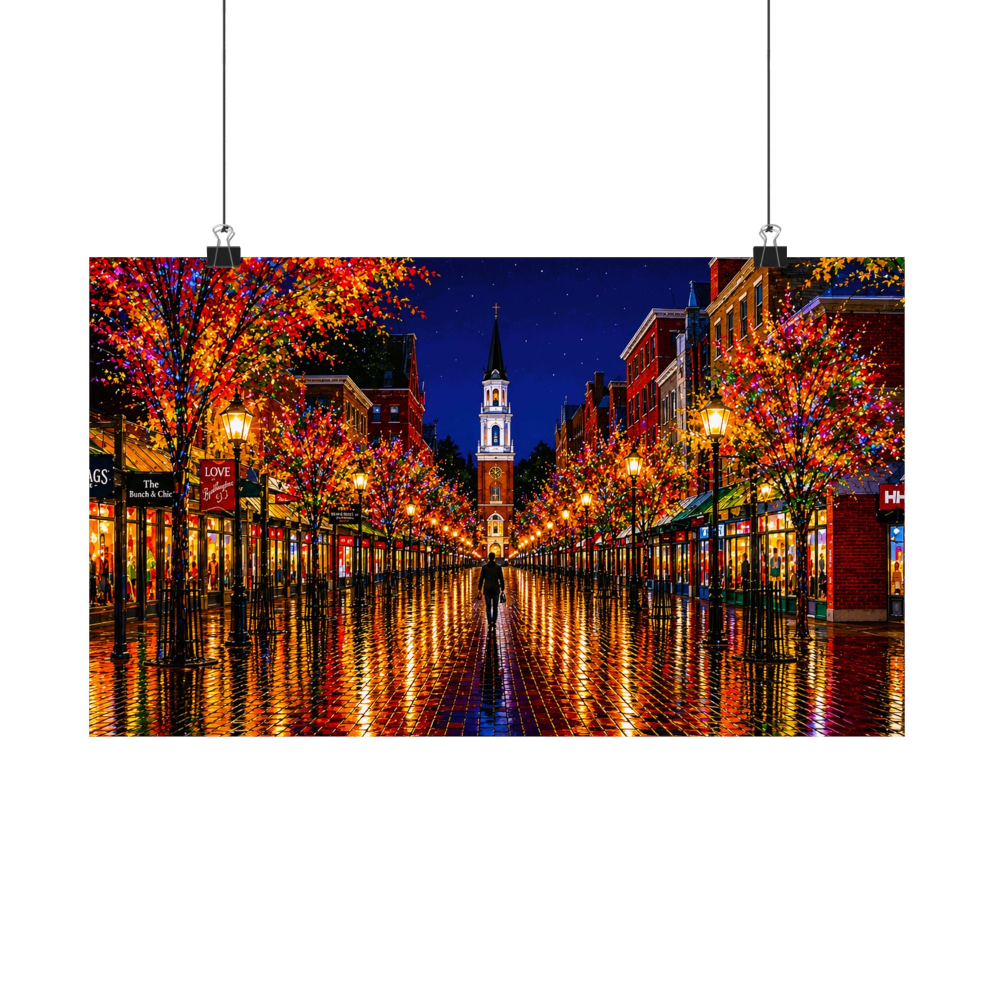 Burlington Vermont Church Street Marketplace Matte Horizontal Poster | Colorful Lights Reflection