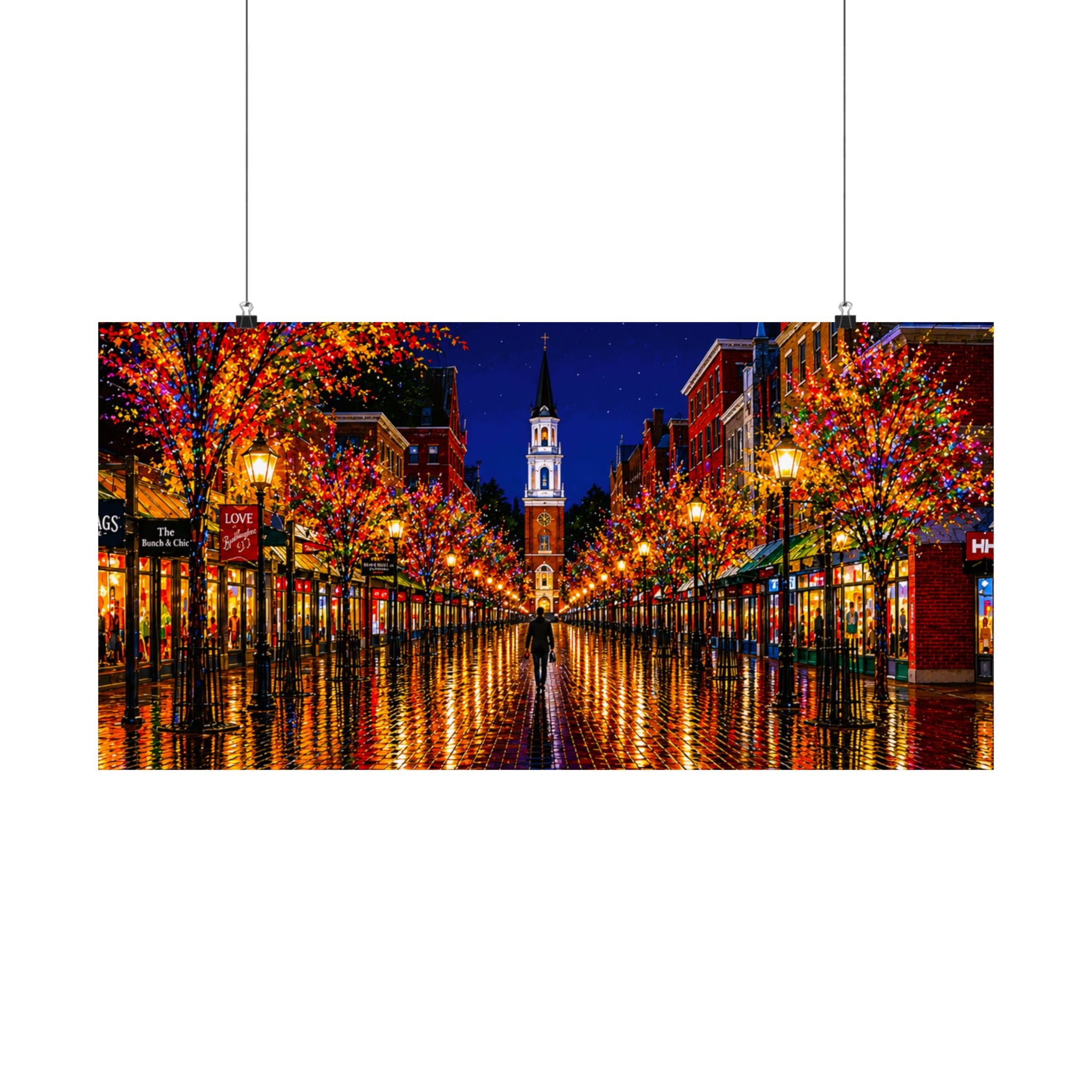 Burlington Vermont Church Street Marketplace Matte Horizontal Poster | Colorful Lights Reflection