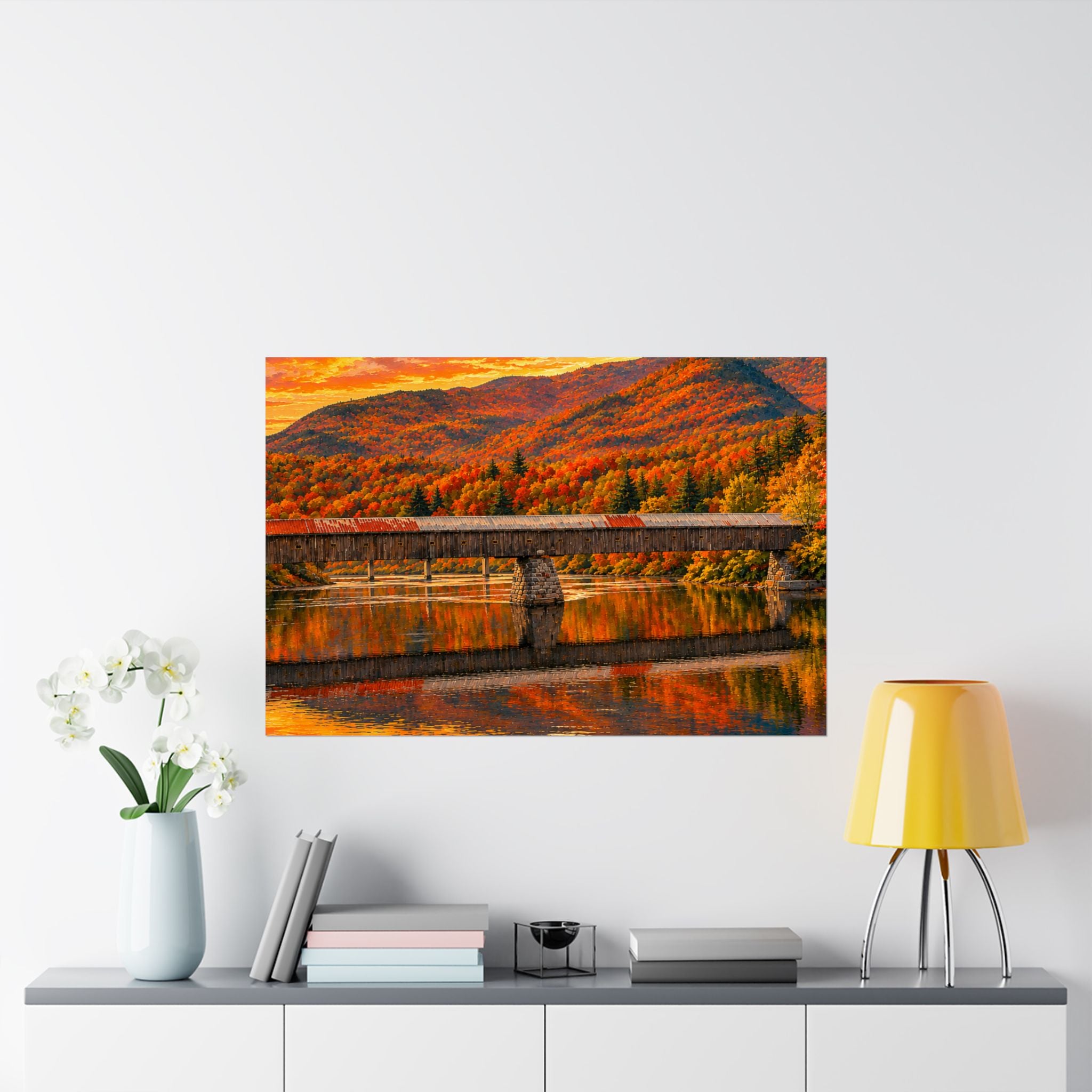 Cornish Windsor Covered Bridge Poster | Fall Landscape Matte Horizontal Print New Hampshire and Vermont