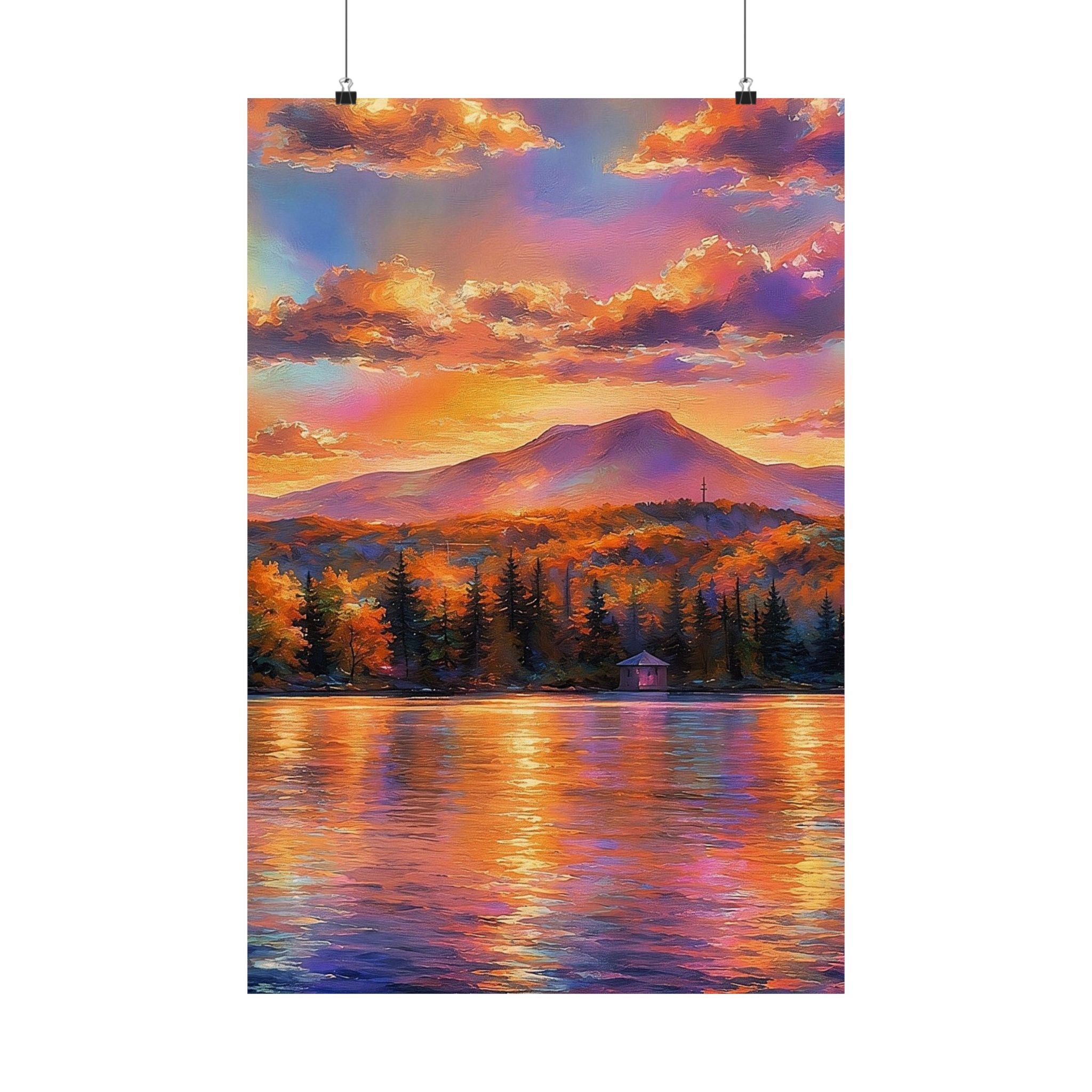 Vermont Camel's Humo Mountain Scenic Sunset Lake Poster — Matte Vertical Landscape Print