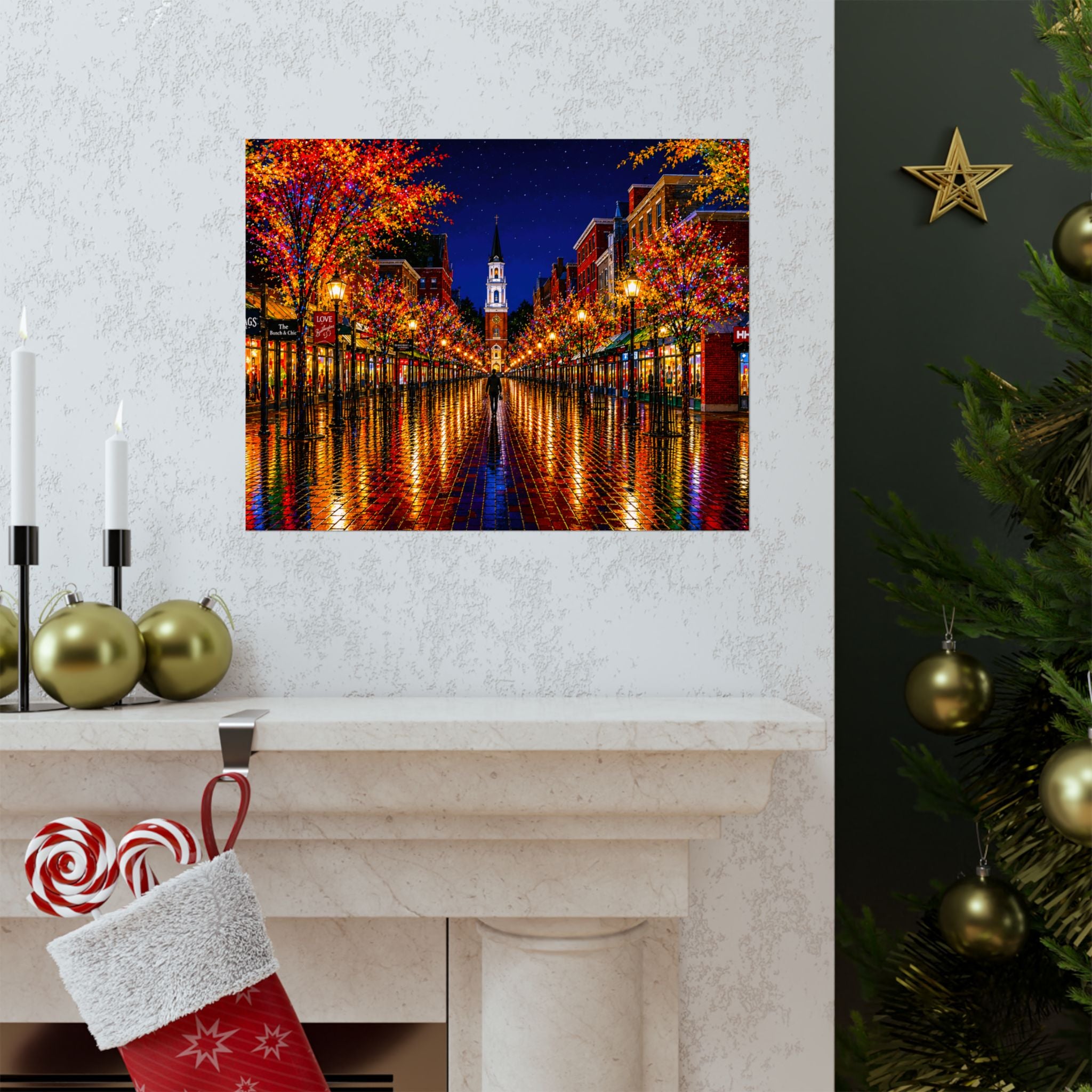 Burlington Vermont Church Street Marketplace Matte Horizontal Poster | Colorful Lights Reflection