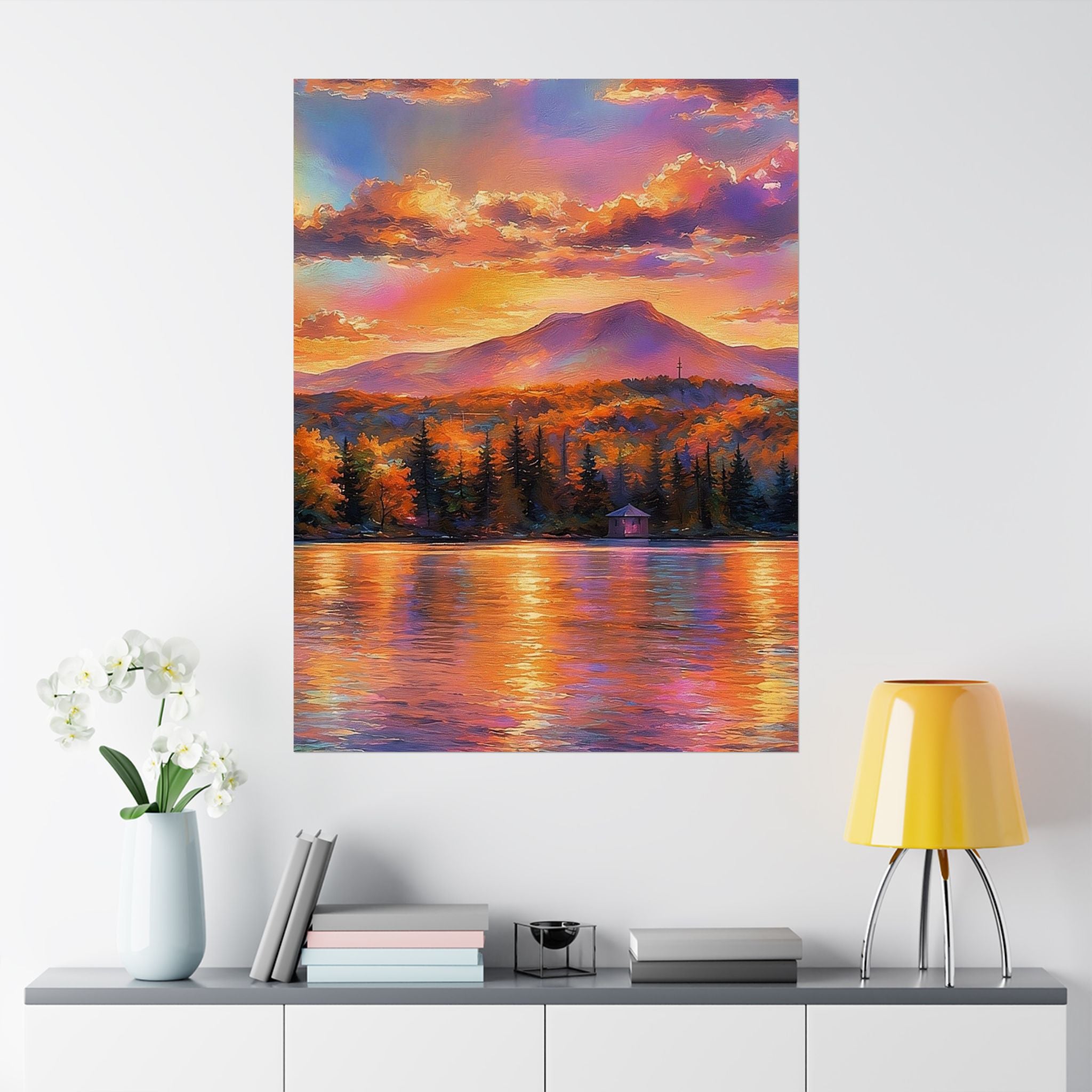 Vermont Camel's Humo Mountain Scenic Sunset Lake Poster — Matte Vertical Landscape Print