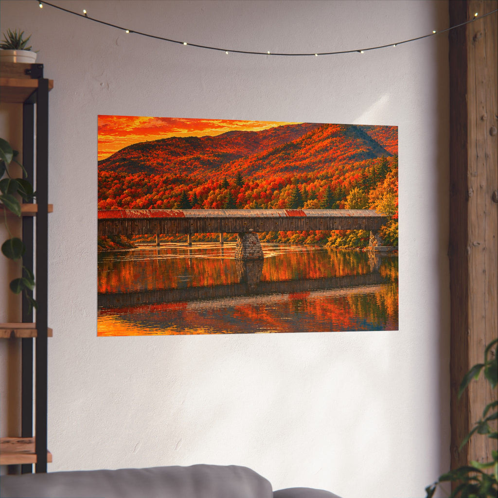 Cornish Windsor Covered Bridge Poster | Fall Landscape Matte Horizontal Print New Hampshire and Vermont