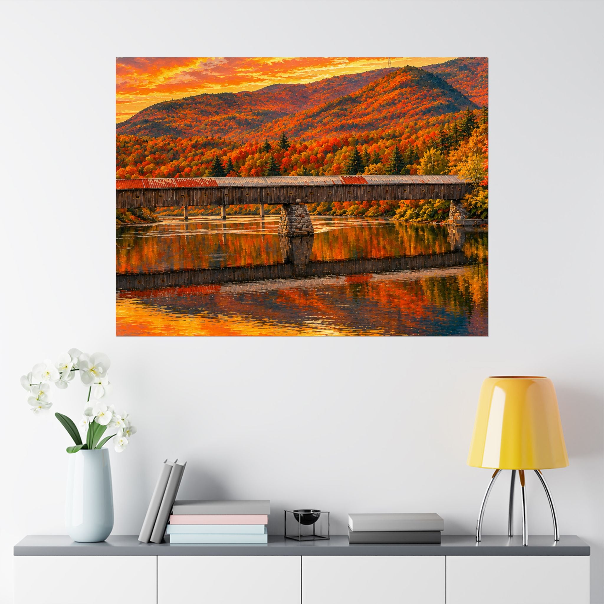 Cornish Windsor Covered Bridge Poster | Fall Landscape Matte Horizontal Print New Hampshire and Vermont