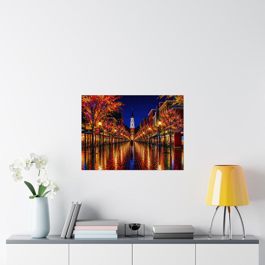 Burlington Vermont Church Street Marketplace Matte Horizontal Poster | Colorful Lights Reflection