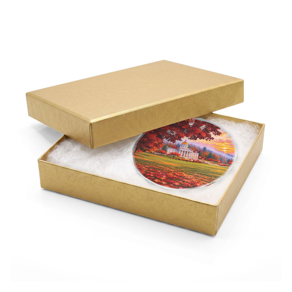 Vermont State Capital Autumn Maple Landscape Glass Ornament | Fall Capital Building Scene
