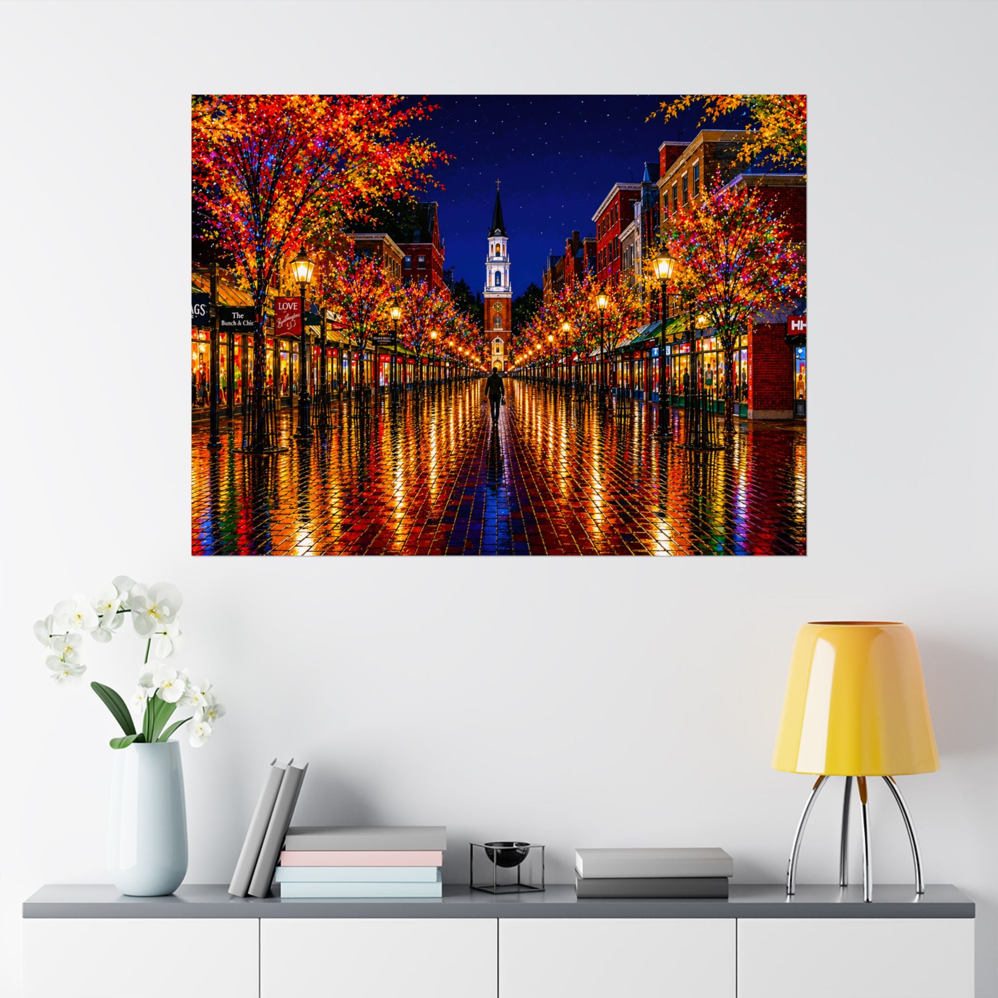 Burlington Vermont Church Street Marketplace Matte Horizontal Poster | Colorful Lights Reflection