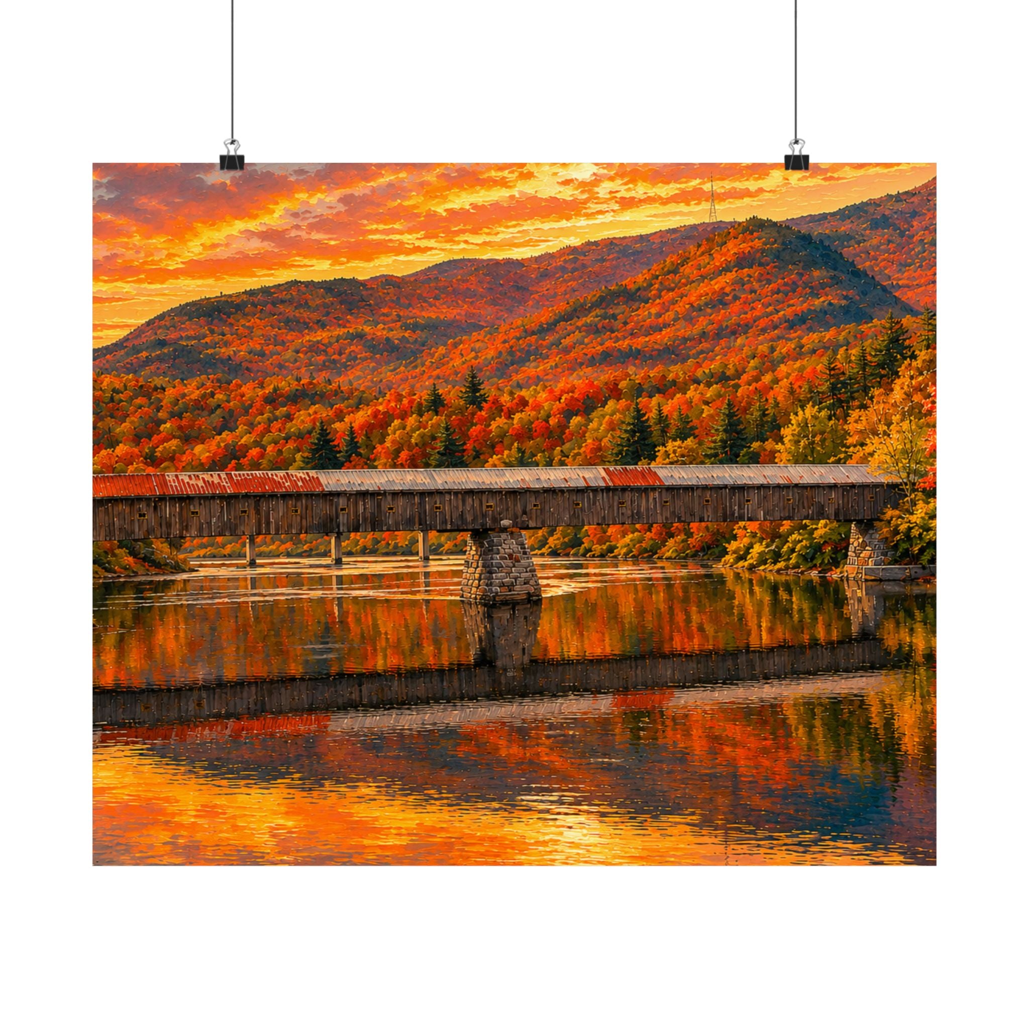 Cornish Windsor Covered Bridge Poster | Fall Landscape Matte Horizontal Print New Hampshire and Vermont