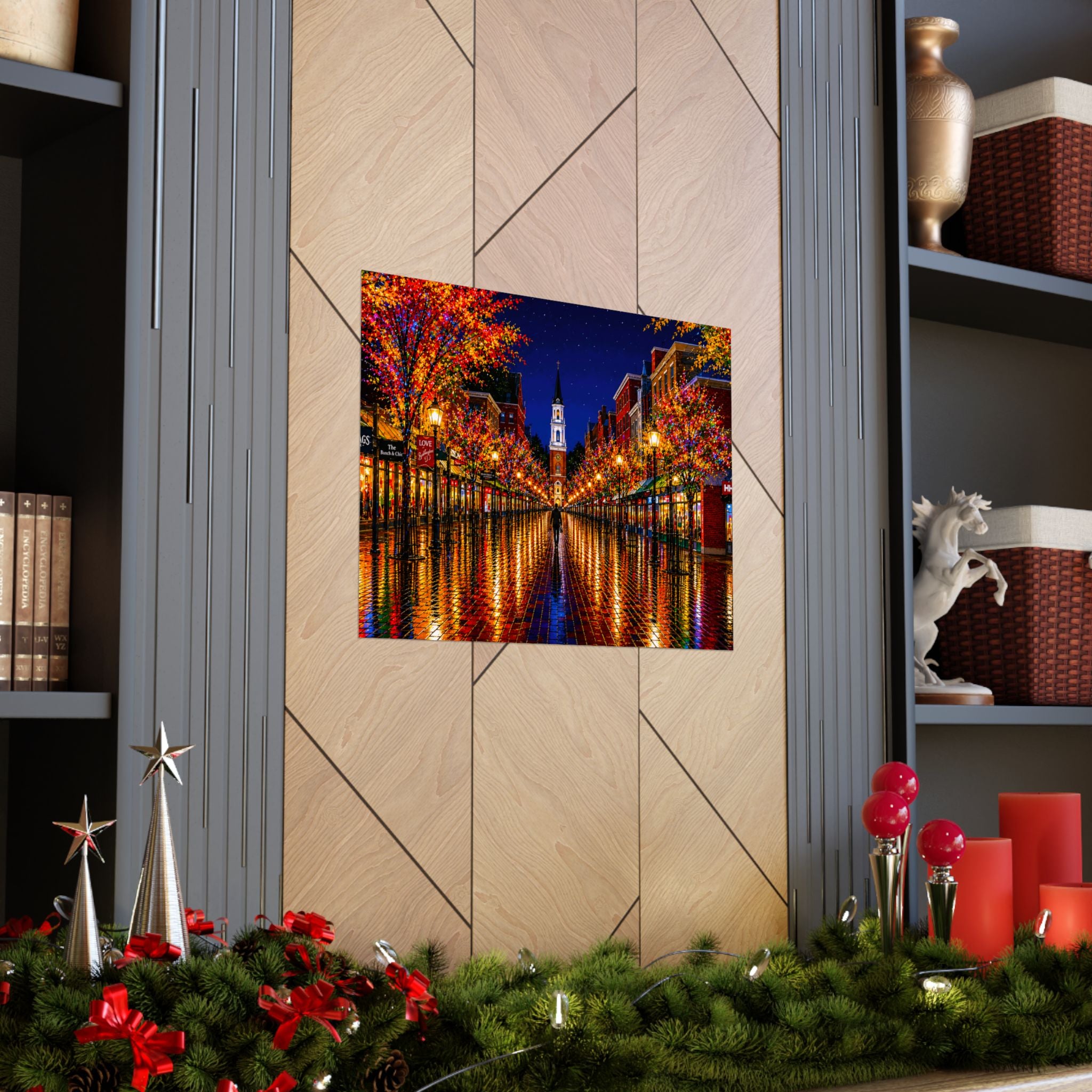 Burlington Vermont Church Street Marketplace Matte Horizontal Poster | Colorful Lights Reflection