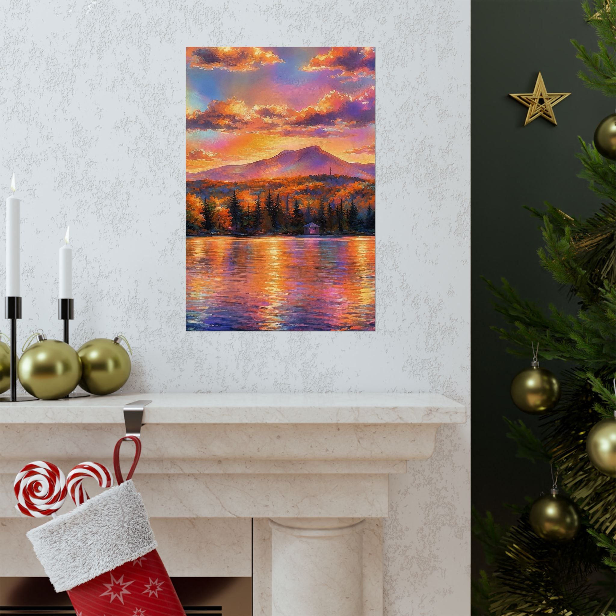 Vermont Camel's Humo Mountain Scenic Sunset Lake Poster — Matte Vertical Landscape Print