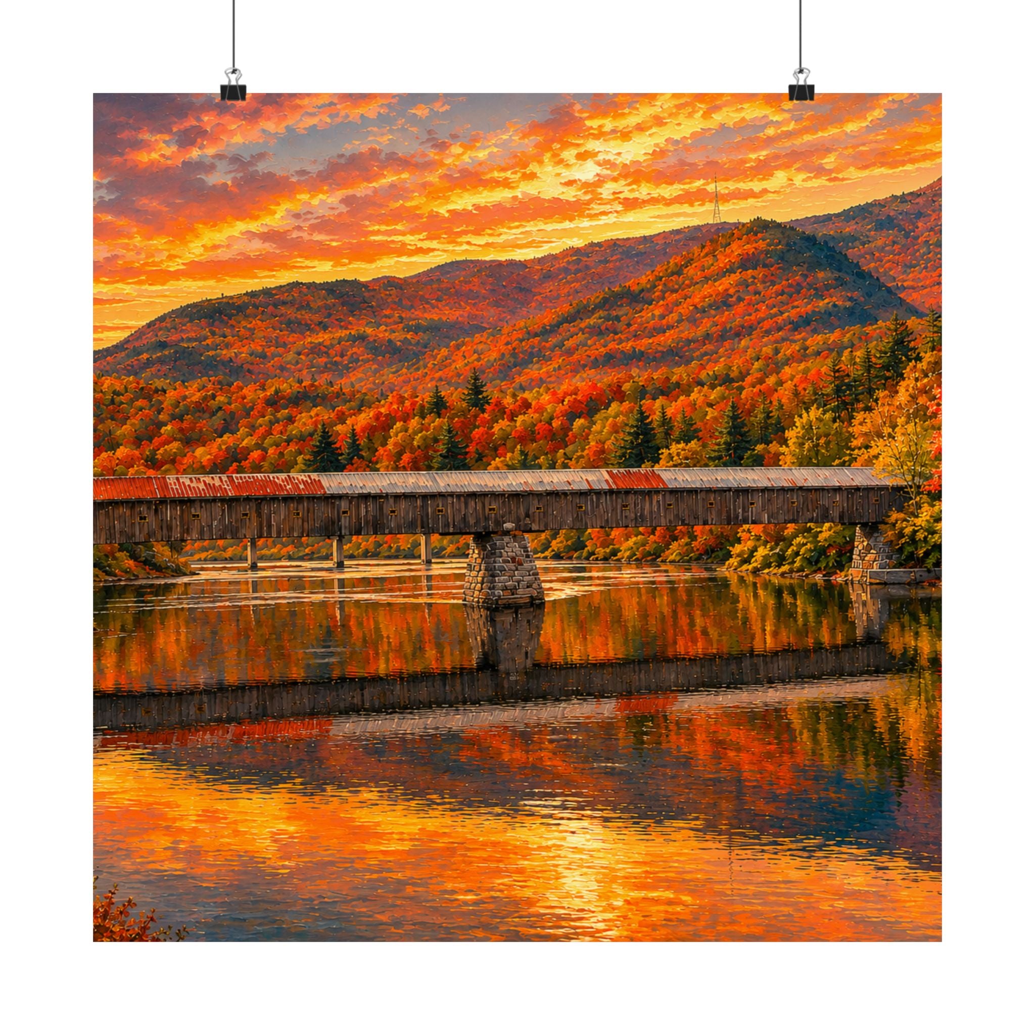 Cornish Windsor Covered Bridge Poster | Fall Landscape Matte Horizontal Print New Hampshire and Vermont