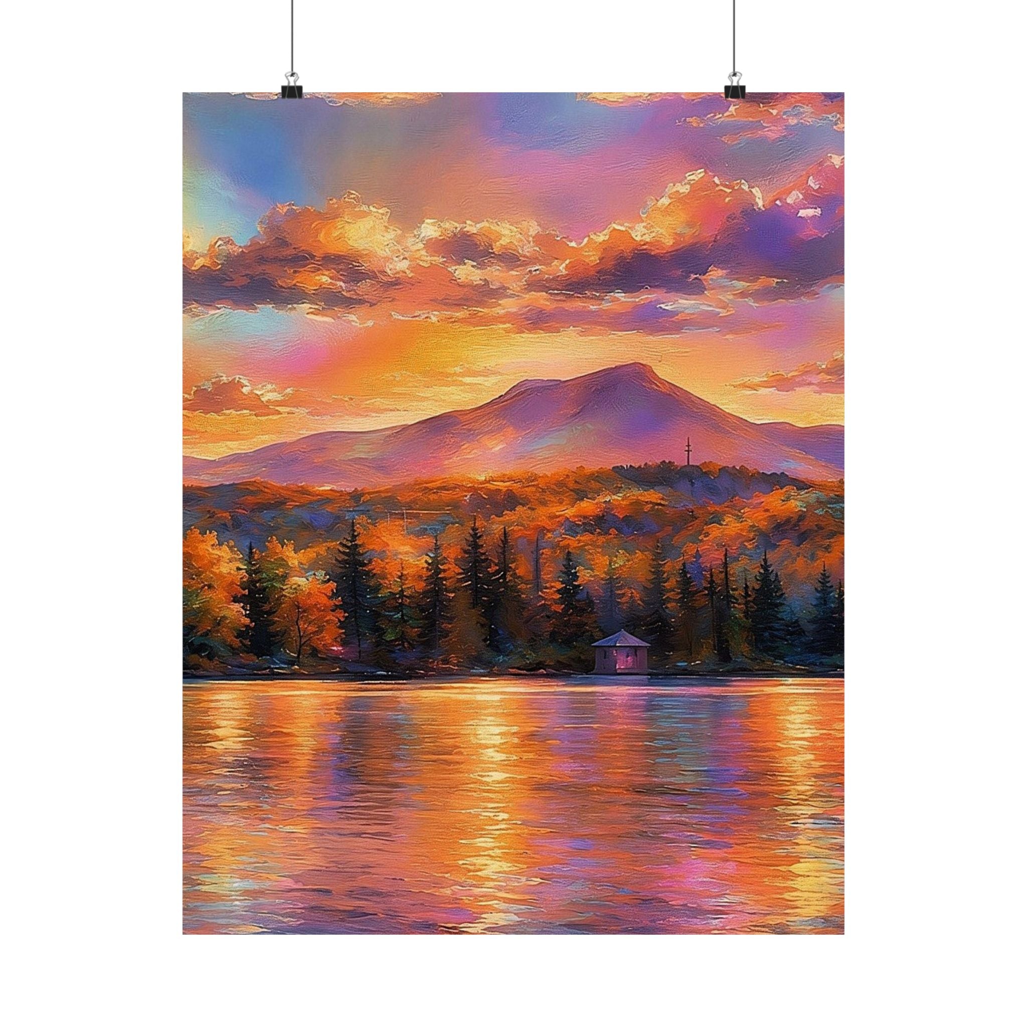 Vermont Camel's Humo Mountain Scenic Sunset Lake Poster — Matte Vertical Landscape Print