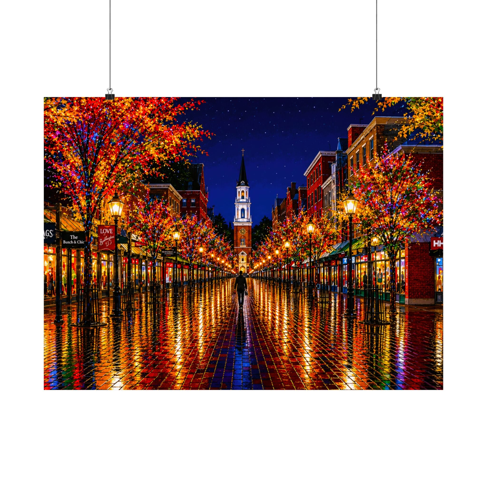 Burlington Vermont Church Street Marketplace Matte Horizontal Poster | Colorful Lights Reflection