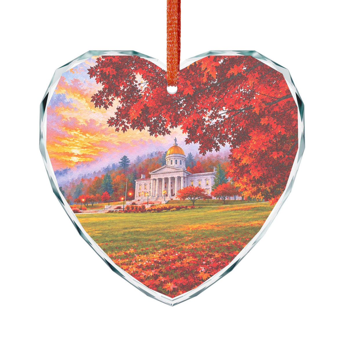 Vermont State Capital Autumn Maple Landscape Glass Ornament | Fall Capital Building Scene
