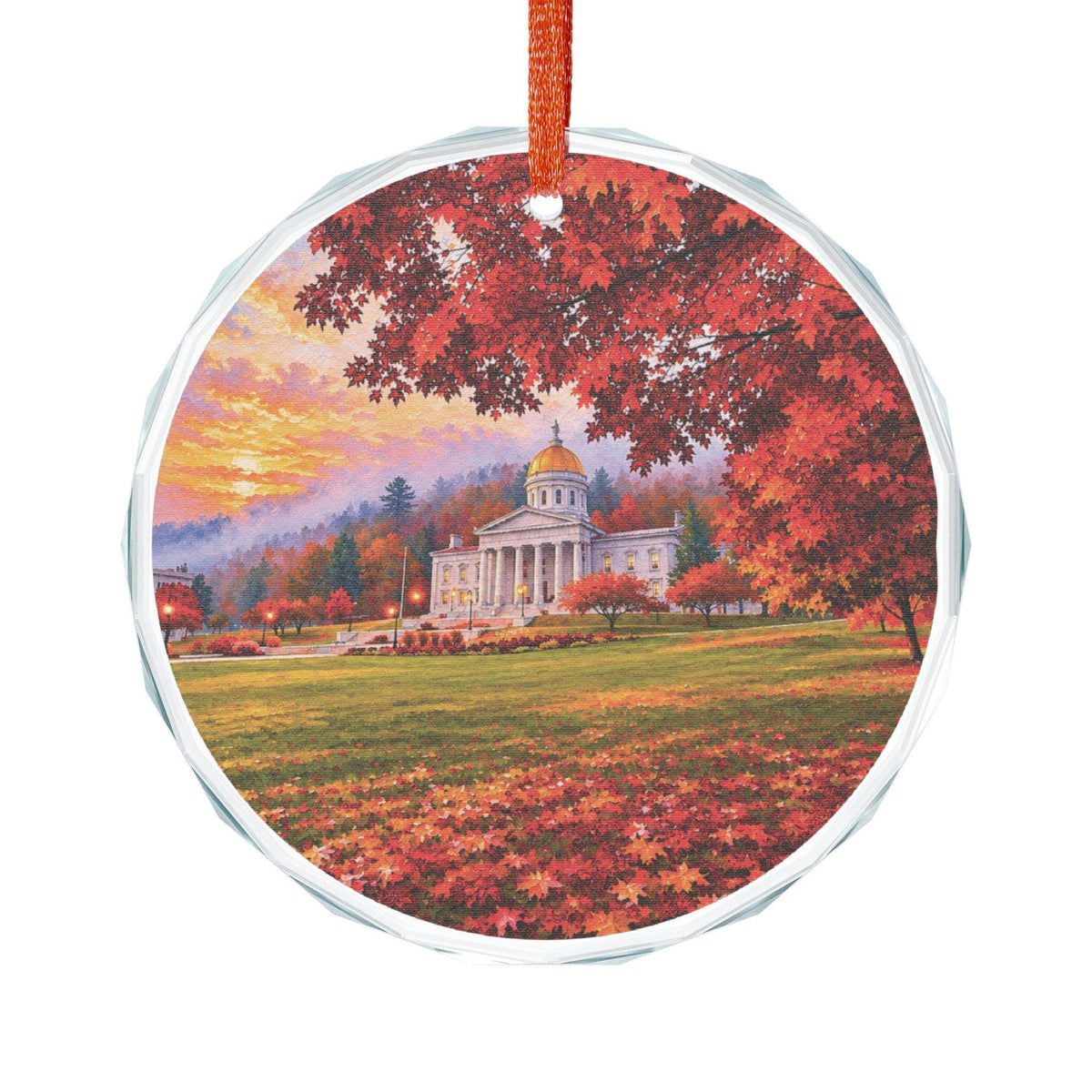 Vermont State Capital Autumn Maple Landscape Glass Ornament | Fall Capital Building Scene
