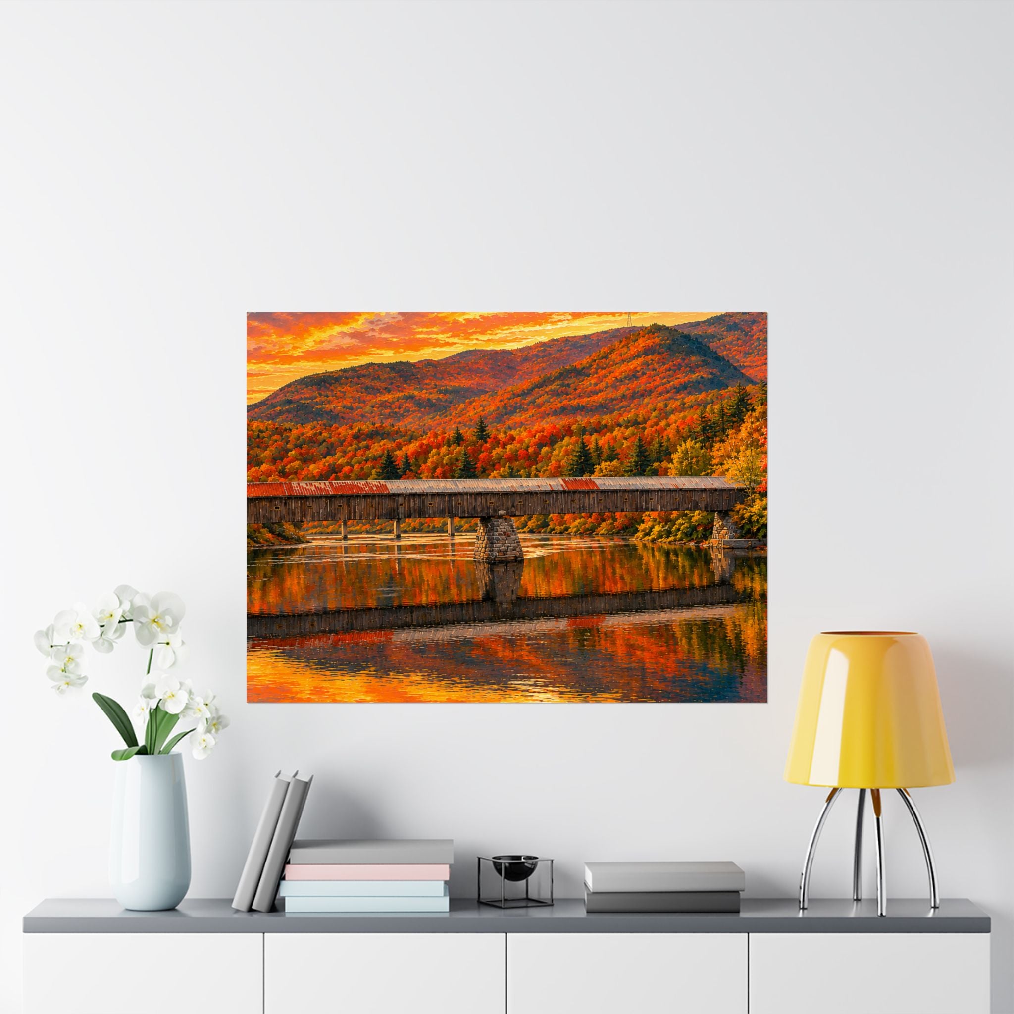 Cornish Windsor Covered Bridge Poster | Fall Landscape Matte Horizontal Print New Hampshire and Vermont