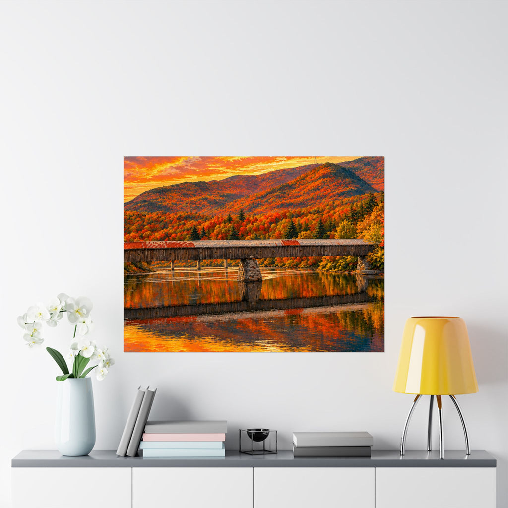 Cornish Windsor Covered Bridge Poster | Fall Landscape Matte Horizontal Print New Hampshire and Vermont