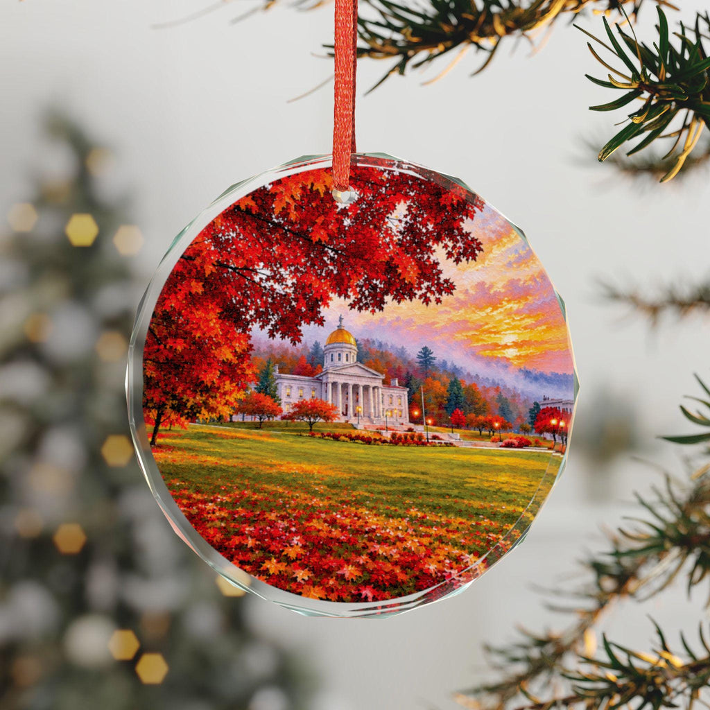 Vermont State Capital Autumn Maple Landscape Glass Ornament | Fall Capital Building Scene
