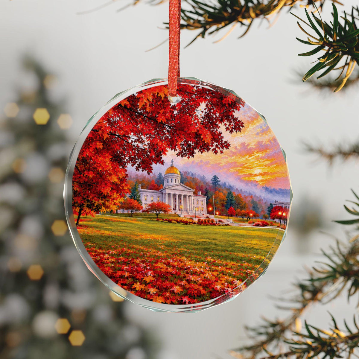 Vermont State Capital Autumn Maple Landscape Glass Ornament | Fall Capital Building Scene