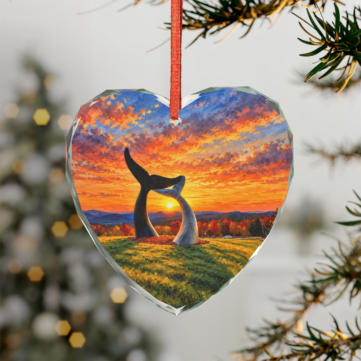 Vermont Whale Tails Glass Ornament — Whale Tail Sunset Scenic Christmas Ornament
