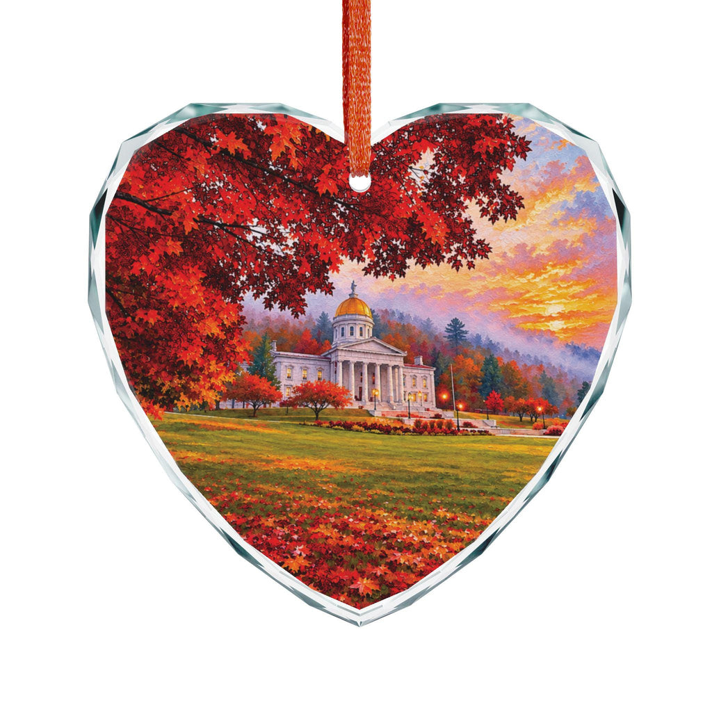 Vermont State Capital Autumn Maple Landscape Glass Ornament | Fall Capital Building Scene