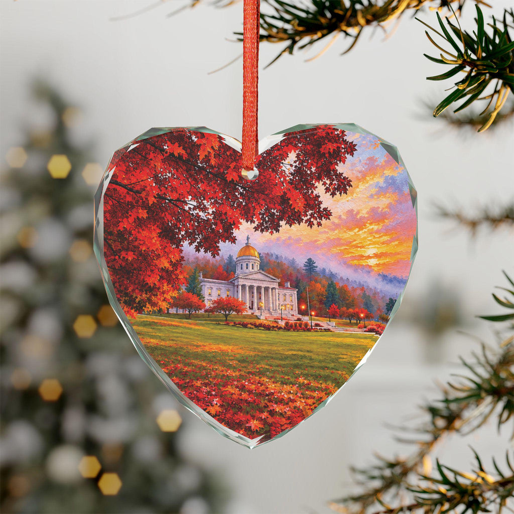 Vermont State Capital Autumn Maple Landscape Glass Ornament | Fall Capital Building Scene